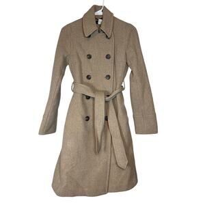 J Crew Wool Belted Trench Coat Long Double Breasted Sz 2 J.Crew Light Brown Tan